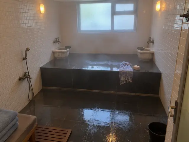 Beyaz mozaikli, kurnalı hamam bölümü — Kanarya, Masaj Salonun